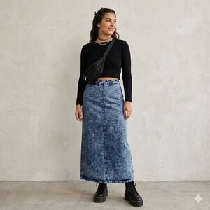 Diamond Denim & Leather Midi Skirt Womens Blue 11/12 Acid Wash High Waisted Slit